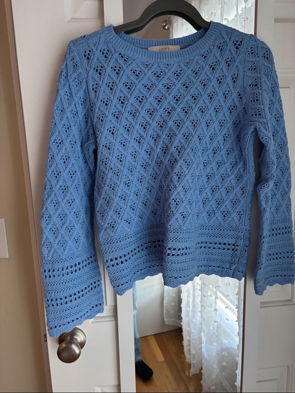 LOFT Periwinkle Blue Open-Knit Crewneck Sweater with Bell Sleeves